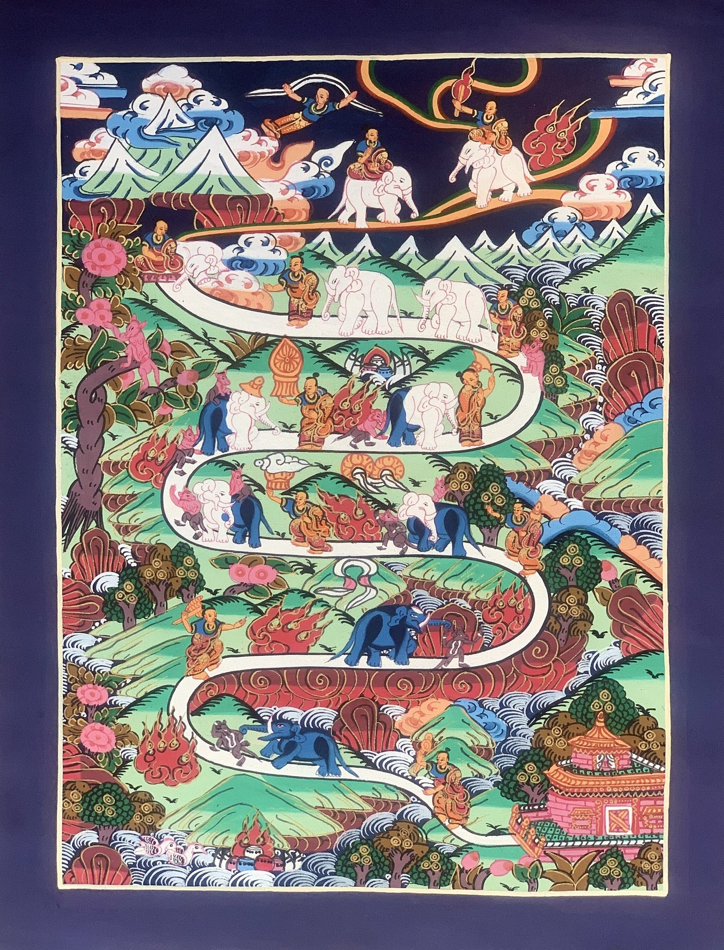 Hand Painted Elephant Path Samatha Meditation Way to Heaven Way to Nirvana Tibetan Thangka Painting Original Art