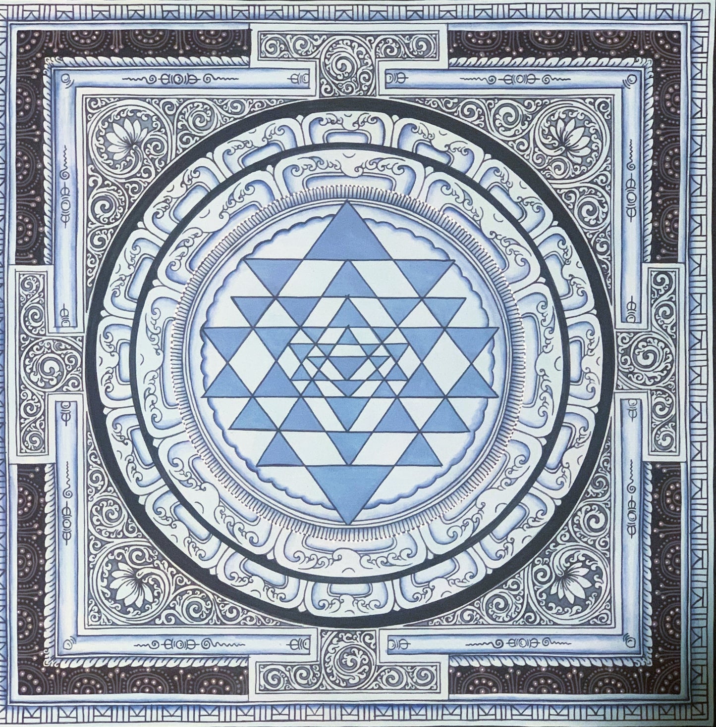 Hand Painted Shri Yantra or Shri Chakara Mandala Newari Paubha/Pauva Thangka Painting Original Art for Positivity Energy