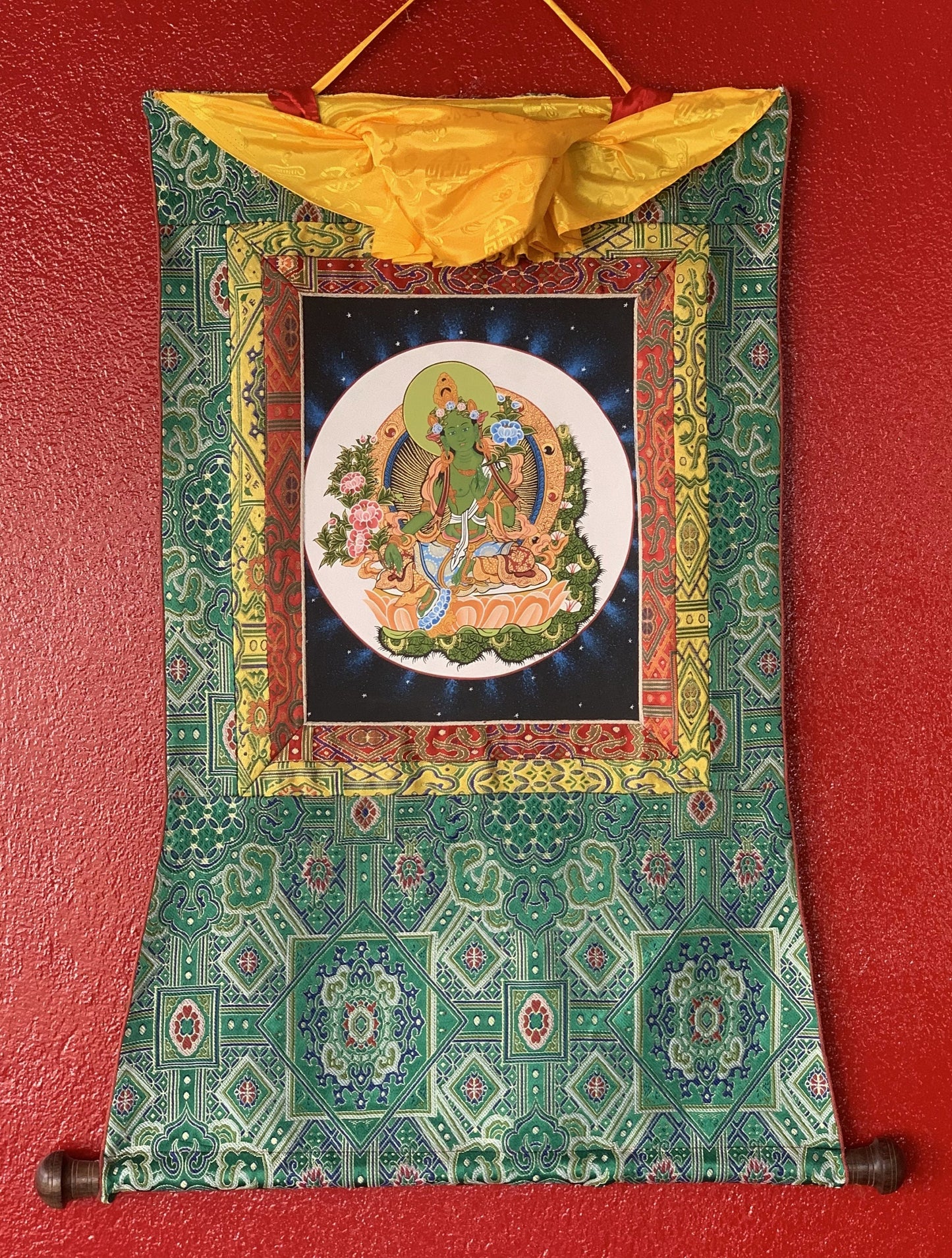 Hand painted Green Tara/ Shyamatara/Tibetan Thangka Painting Original Meditation Healing Art with Premium Khadi Silk brocade