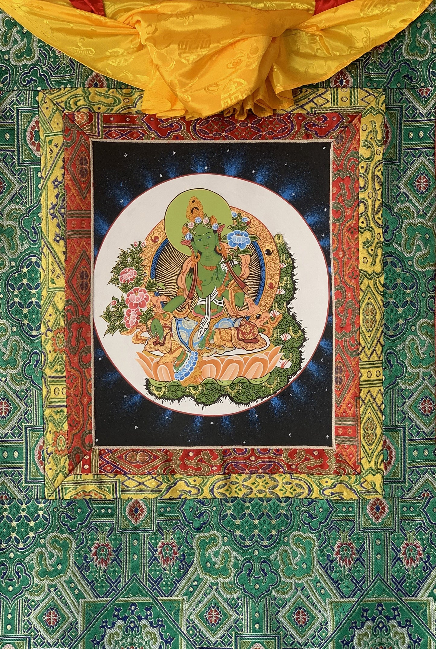 Hand painted Green Tara/ Shyamatara/Tibetan Thangka Painting Original Meditation Healing Art with Premium Khadi Silk brocade