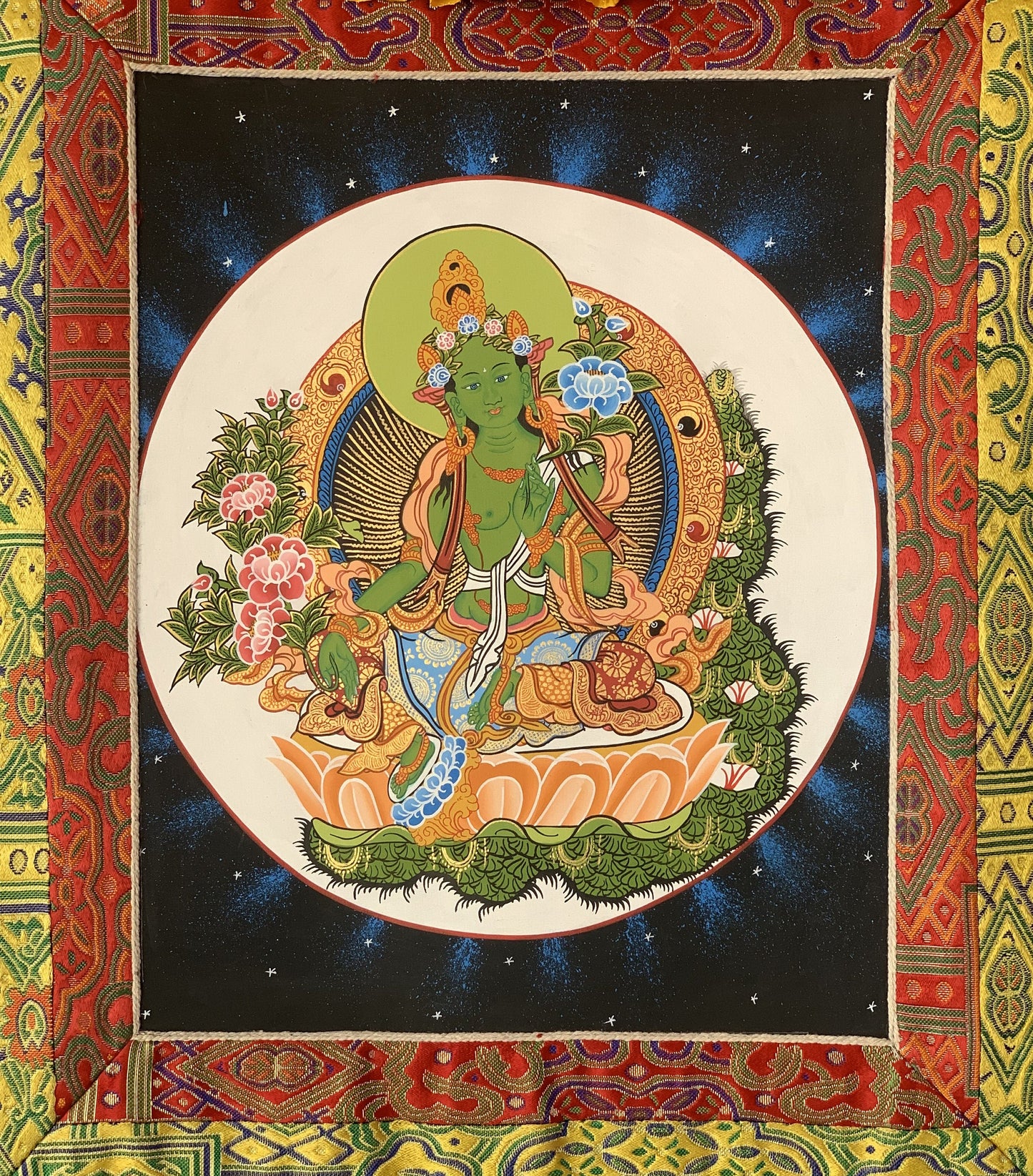 Hand painted Green Tara/ Shyamatara/Tibetan Thangka Painting Original Meditation Healing Art with Premium Khadi Silk brocade