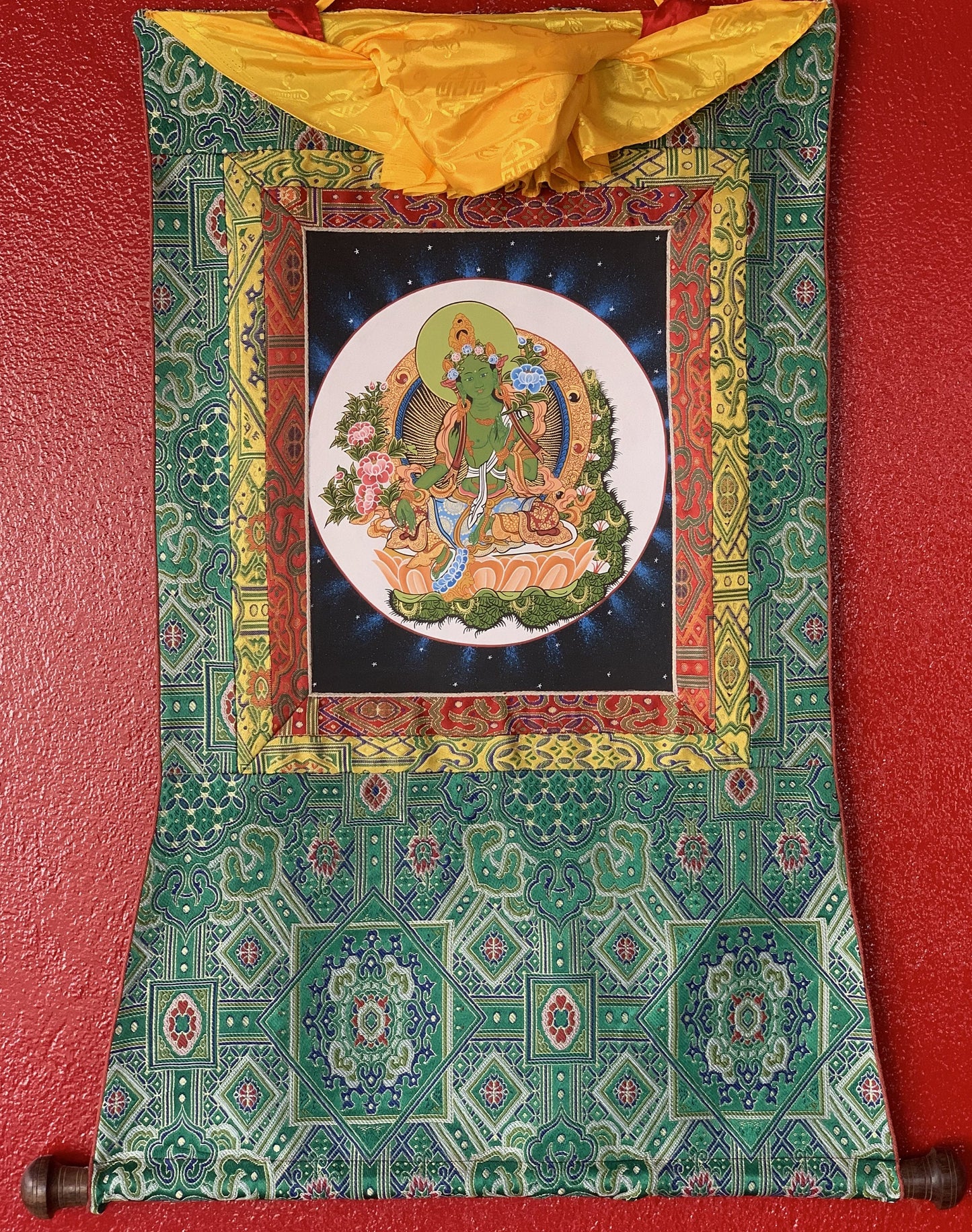 Hand painted Green Tara/ Shyamatara/Tibetan Thangka Painting Original Meditation Healing Art with Premium Khadi Silk brocade