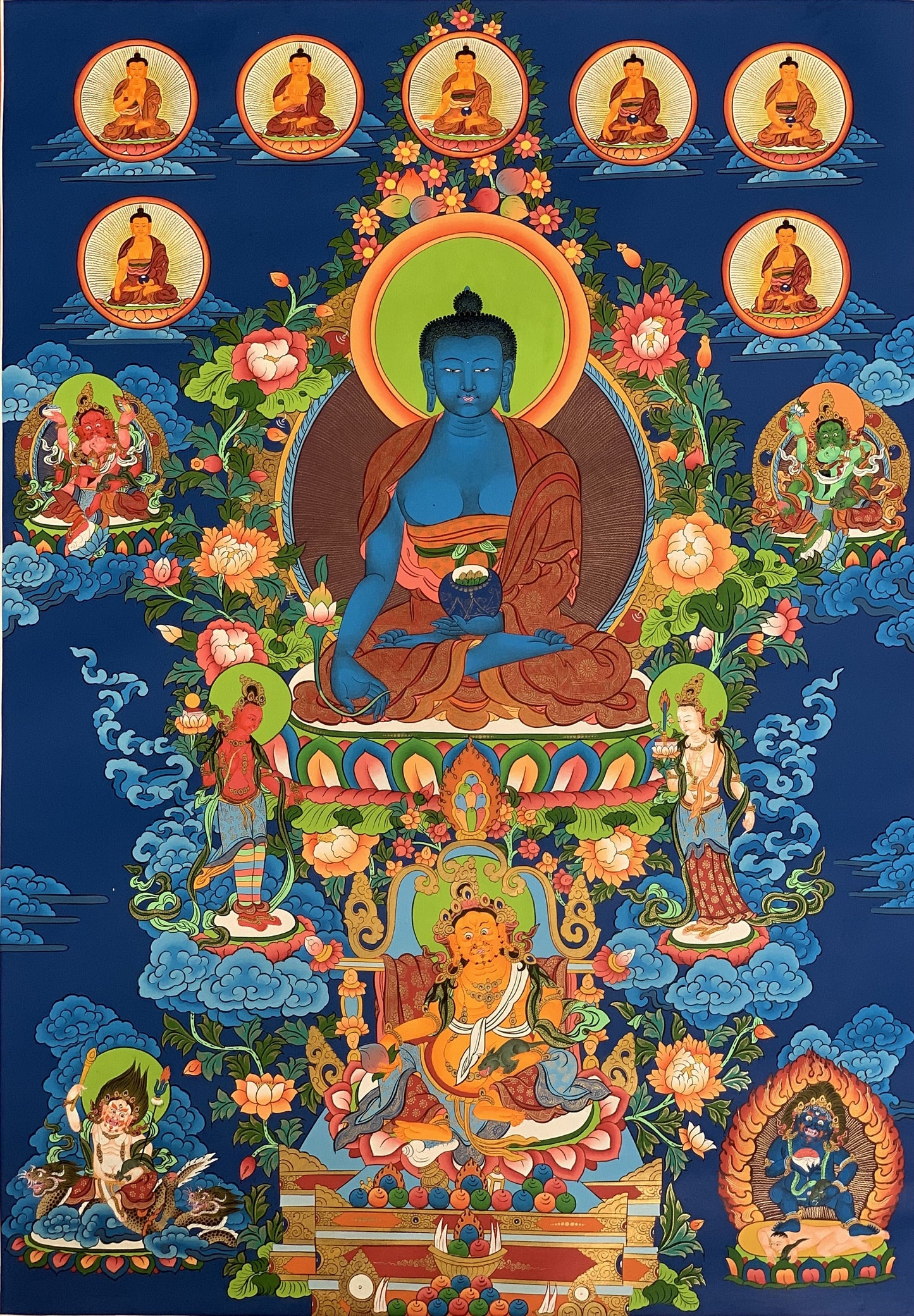 Original Hand Painted Large 24 K Gold Masterpiece Eight Medicine Buddha/ Healing Buddha/ Buddha Brothers Tibetan Meditation Thangka Painting