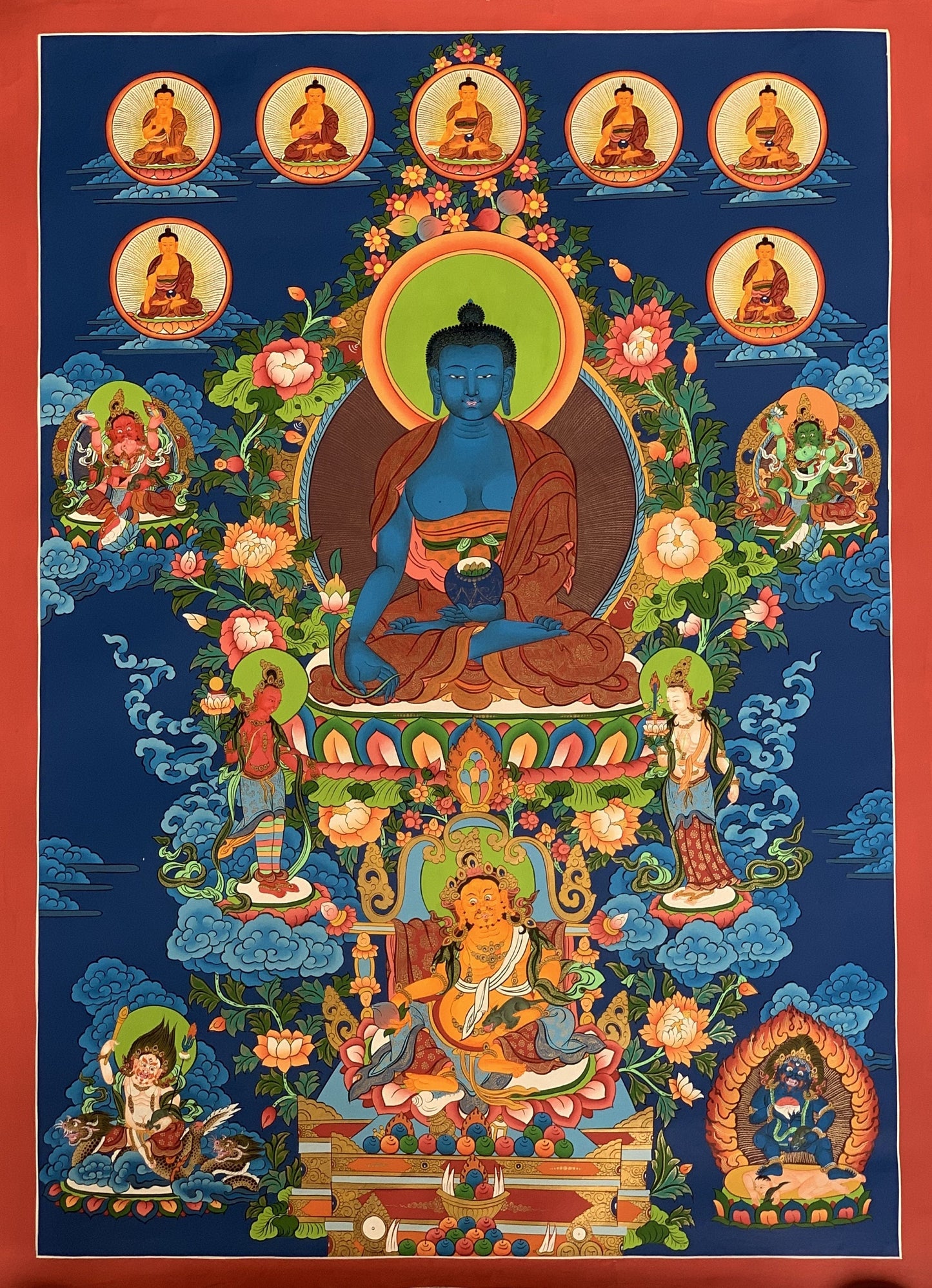 Original Hand Painted Large 24 K Gold Masterpiece Eight Medicine Buddha/ Healing Buddha/ Buddha Brothers Tibetan Meditation Thangka Painting