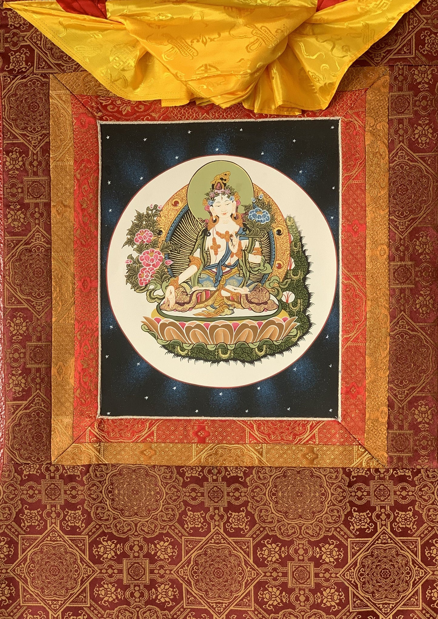 Hand painted White Tara, Sitatara, Mother Goddess, Thangka Painting, Original Art  with Premium Silk Brocade