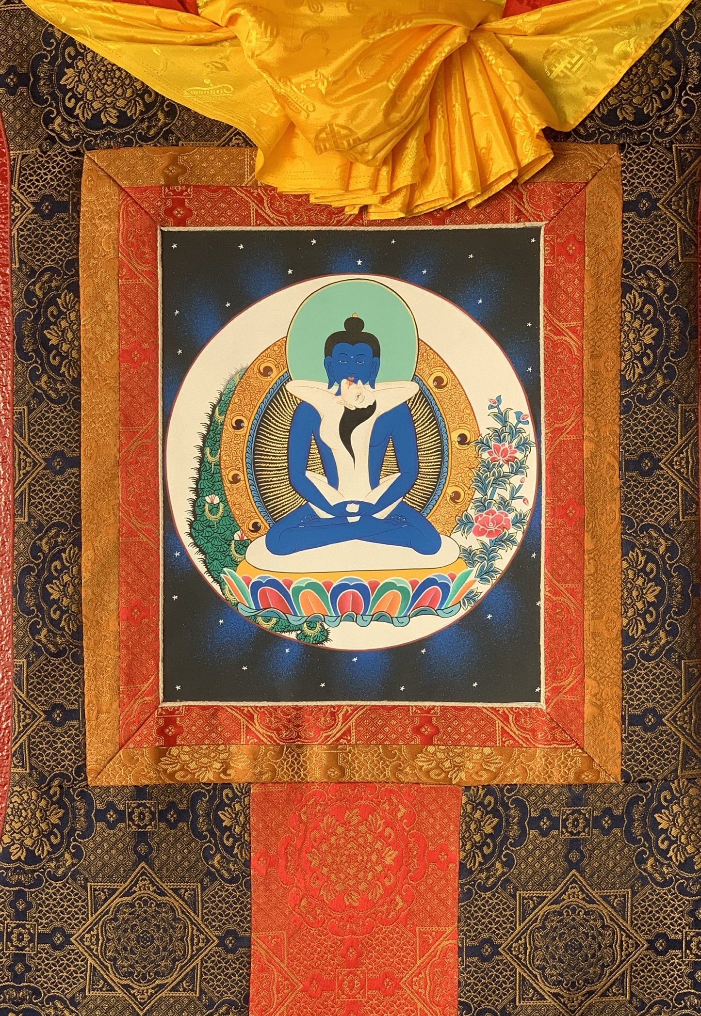 Hand Painted Buddha Shakti Samantabhadra Tibetan Thangka Painting Original Art with Premium Khadi Silk Brocade