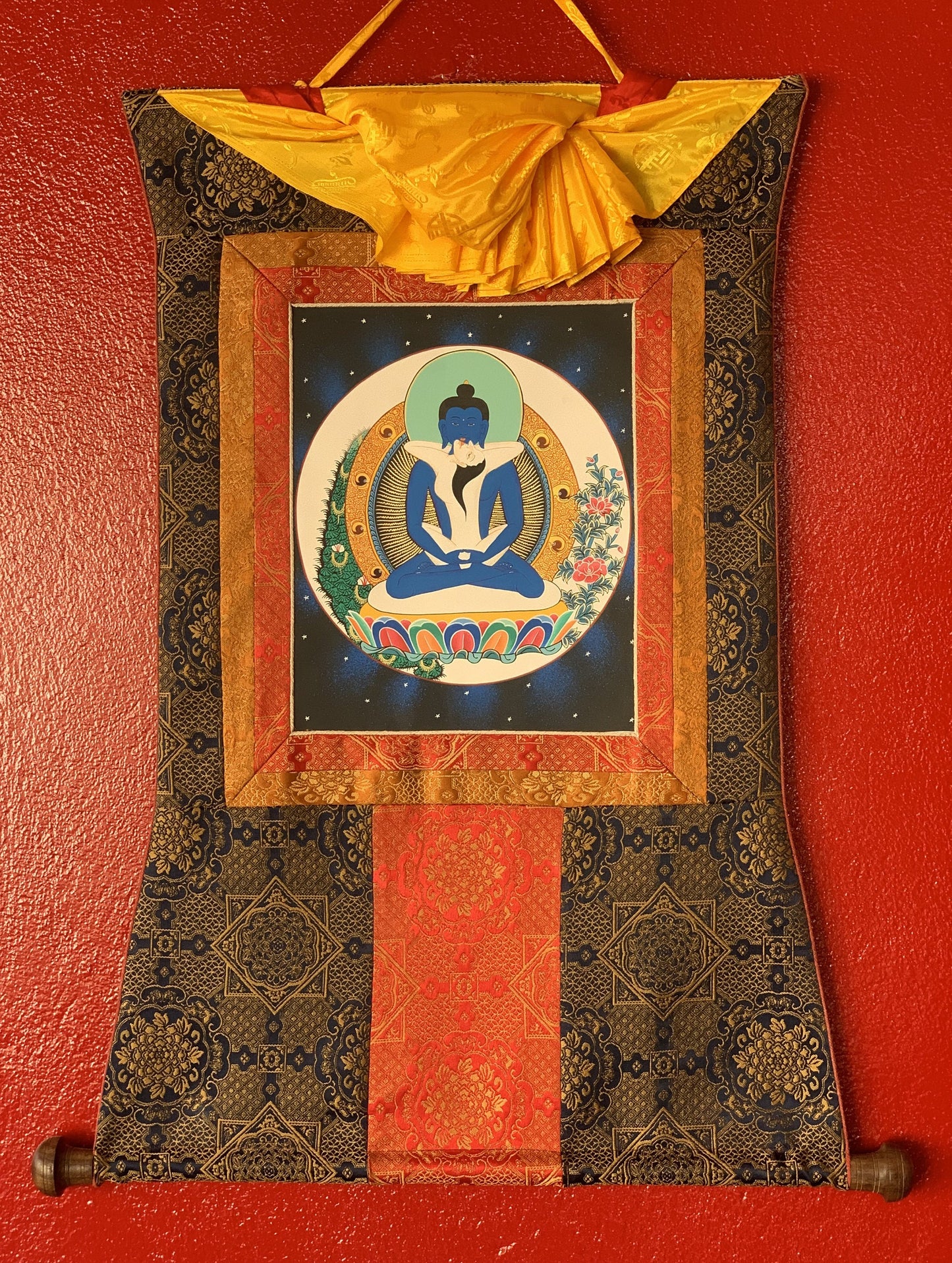 Hand Painted Buddha Shakti Samantabhadra Tibetan Thangka Painting Original Art with Premium Khadi Silk Brocade