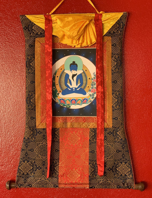 Hand Painted Buddha Shakti Samantabhadra Tibetan Thangka Painting Original Art with Premium Khadi Silk Brocade