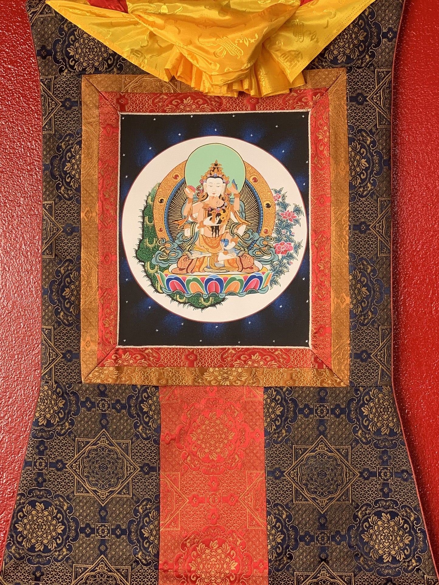 Vajrasattva with Shakti Yab-Yum Original Tibetan Thangka Painting with Premium Silk Brocade