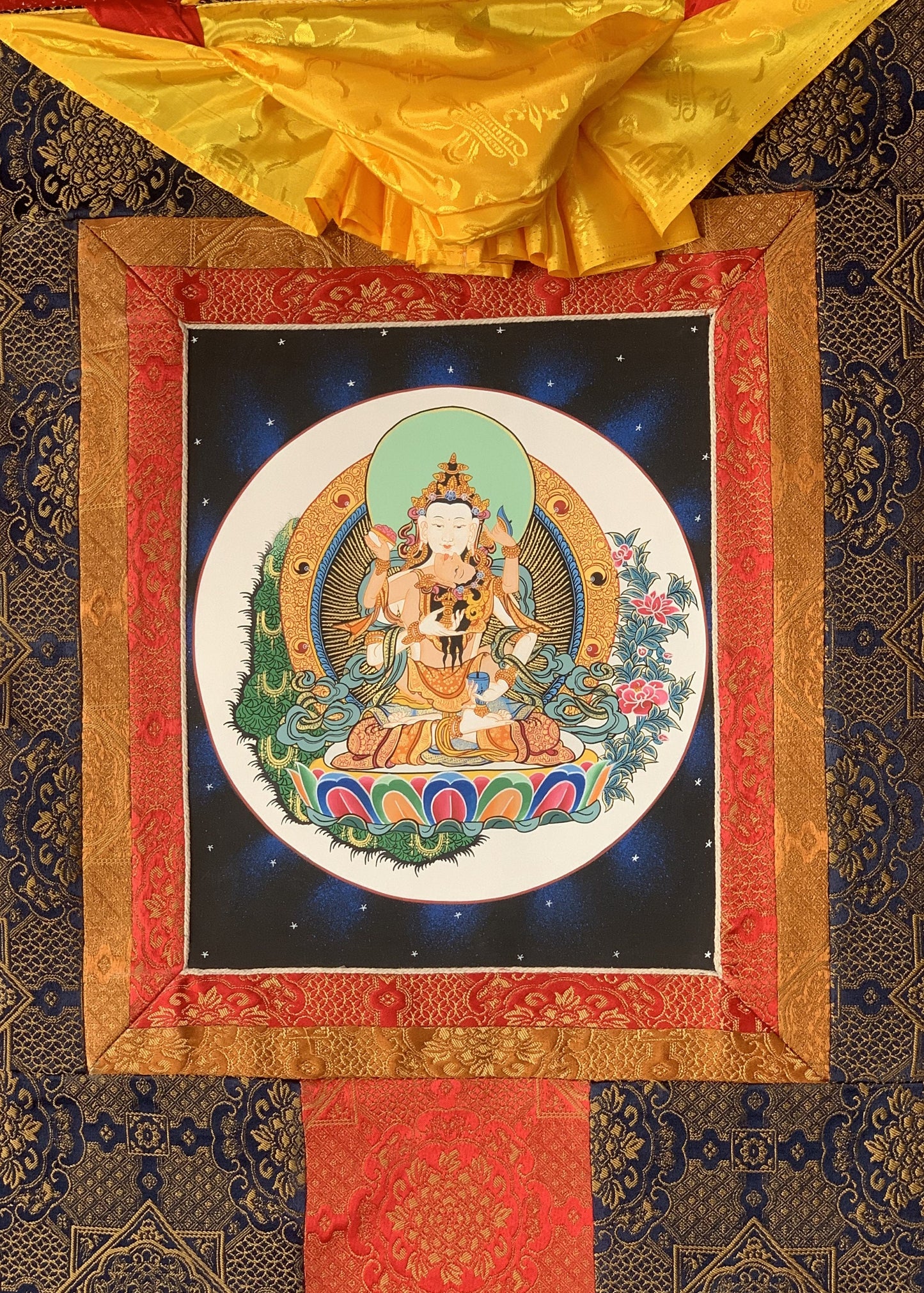 Vajrasattva with Shakti Yab-Yum Original Tibetan Thangka Painting with Premium Silk Brocade