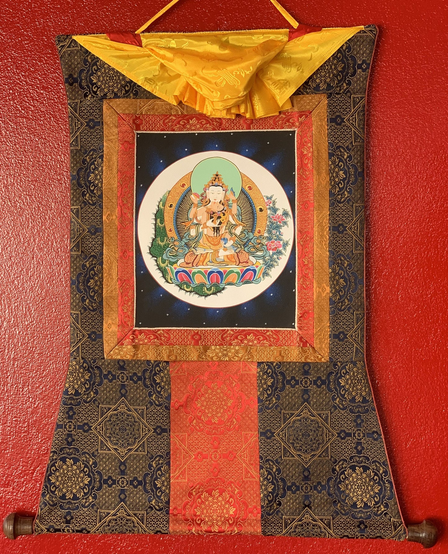 Vajrasattva with Shakti Yab-Yum Original Tibetan Thangka Painting with Premium Silk Brocade