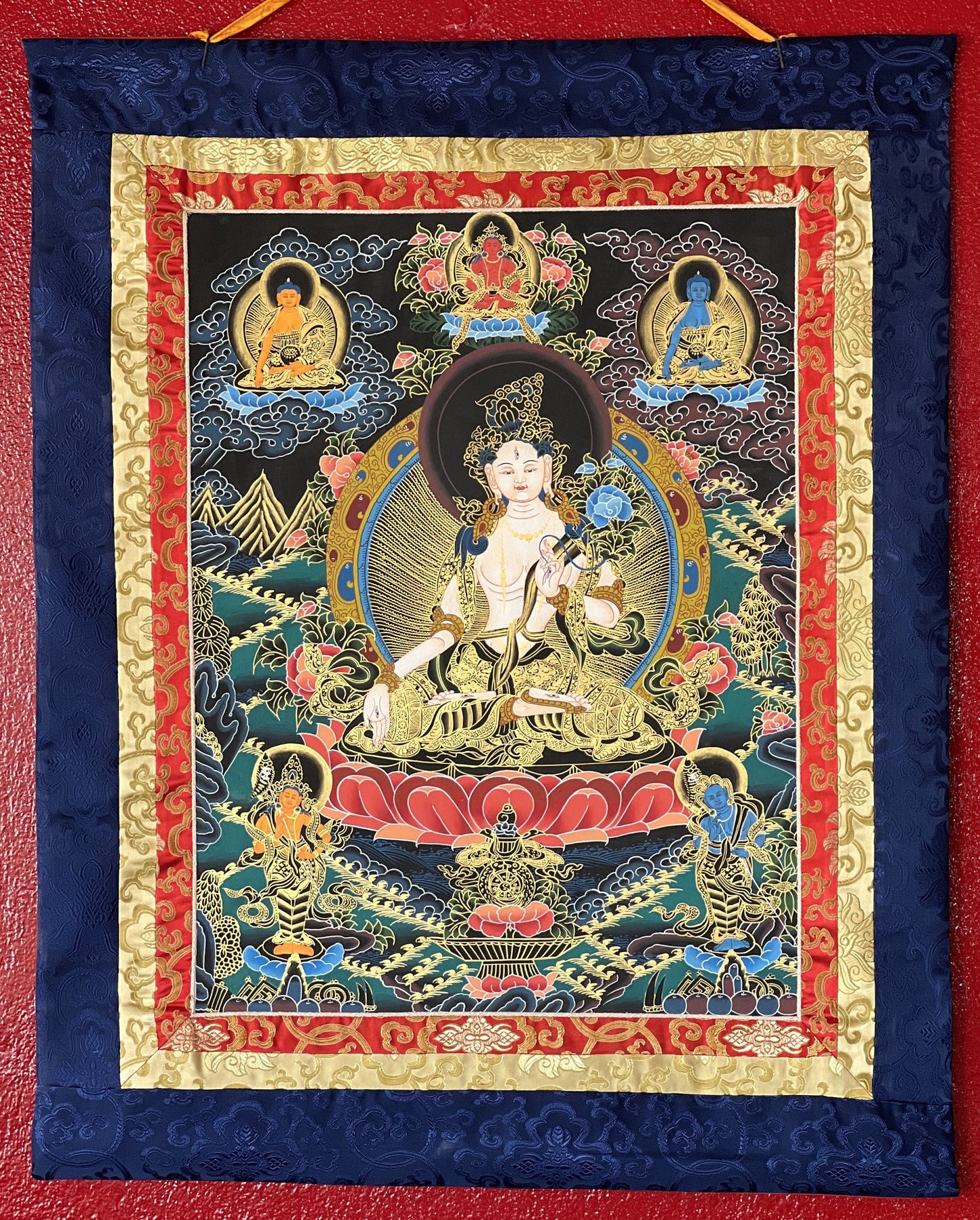 Hand Painted White Tara/Sitatara/ Mother Goddess Tibetan Thangka/Thanka Painting Original Art with Narrow Border