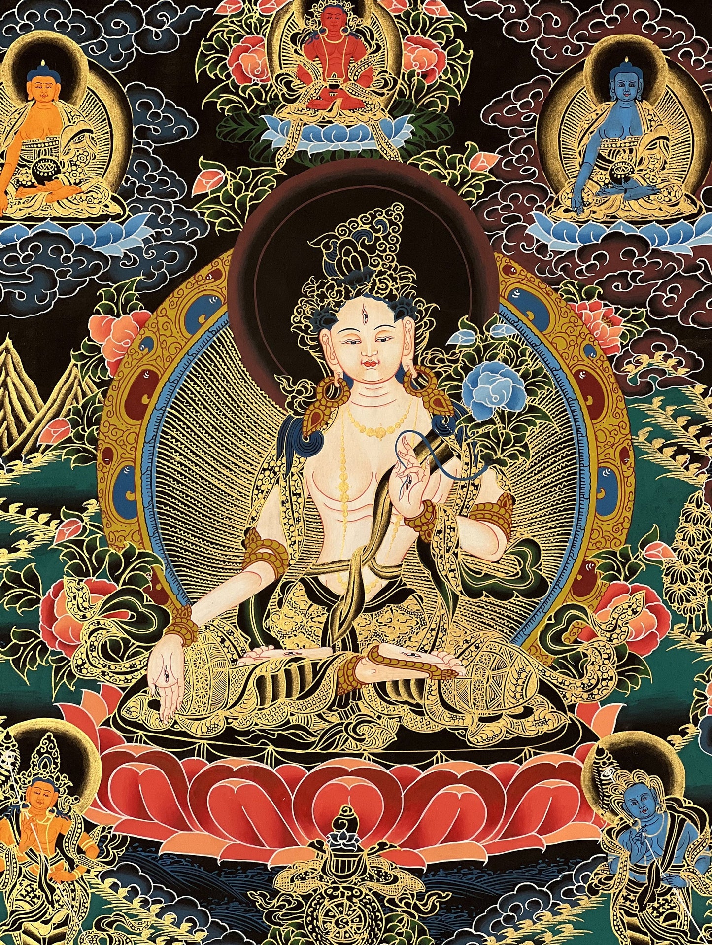 Hand Painted White Tara/Sitatara/ Mother Goddess Tibetan Thangka/Thanka Painting Original Art with Narrow Border