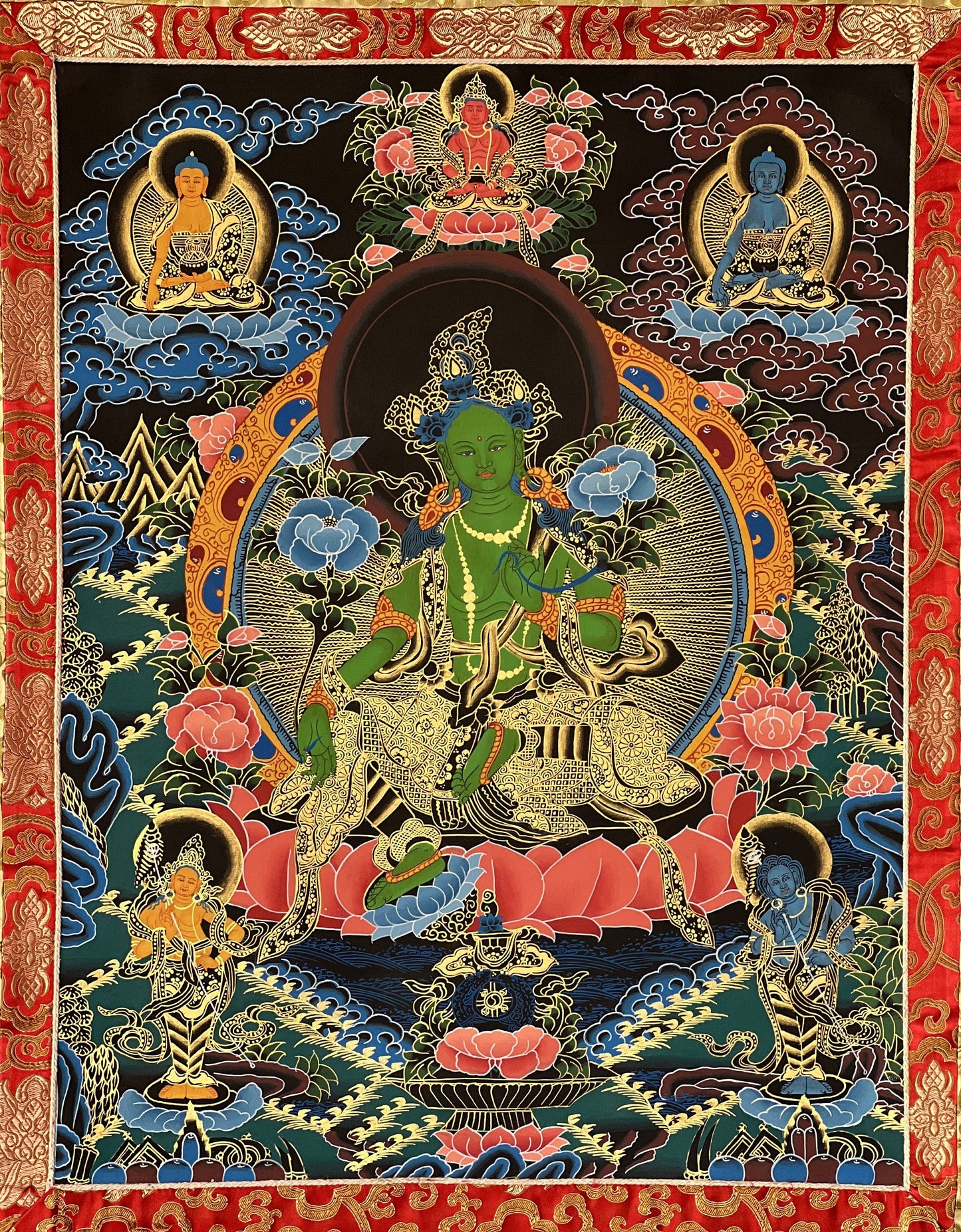 Hand Painted Green  Tara/ Shyamatara/Mother Goddess Master Quality Original Tibetan Thangka Painting with Narrow Border