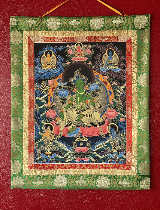 Hand Painted Green  Tara/ Shyamatara/Mother Goddess Master Quality Original Tibetan Thangka Painting with Narrow Border