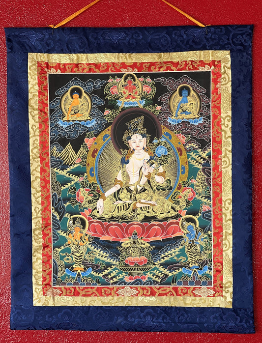 Hand Painted White Tara/Sitatara/ Mother Goddess Tibetan Thangka/Thanka Painting Original Art with Narrow Border