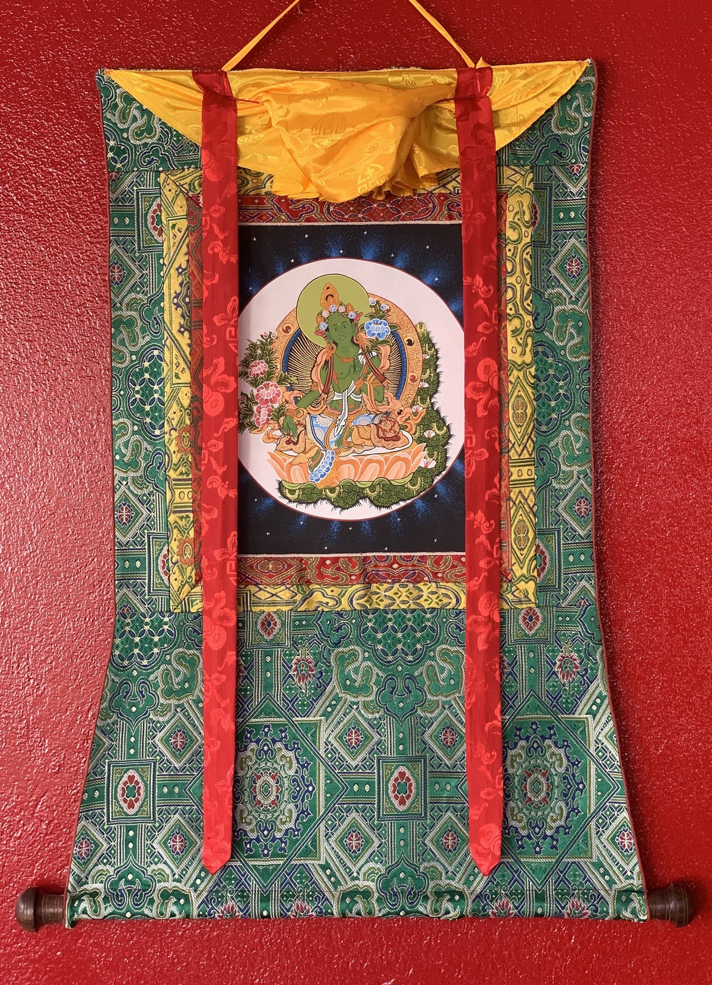 Hand painted Green Tara/ Shyamatara/Tibetan Thangka Painting Original Meditation Healing Art with Premium Khadi Silk brocade