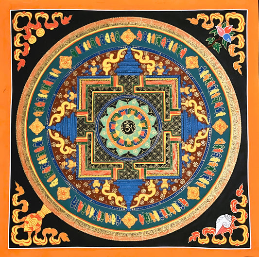 Hand Painted Lotus OM Mantra Mandala Wheel of Life Meditation Tibetan Thangka Painting Original Art/ Wall Hanging