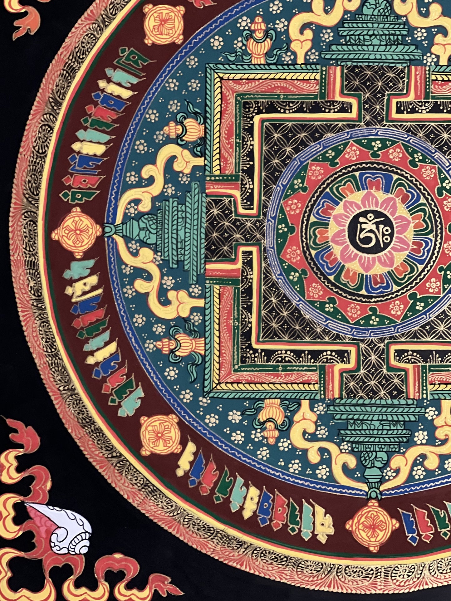 Hand Painted Lotus OM Mani Padme Hum Mantra Mandala Wheel of Life Meditation Tibetan Thangka Painting Original Art/ Wall Hanging