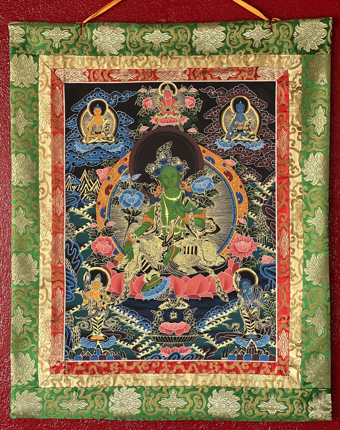 Hand Painted Green  Tara/ Shyamatara/Mother Goddess Master Quality Original Tibetan Thangka Painting with Narrow Border