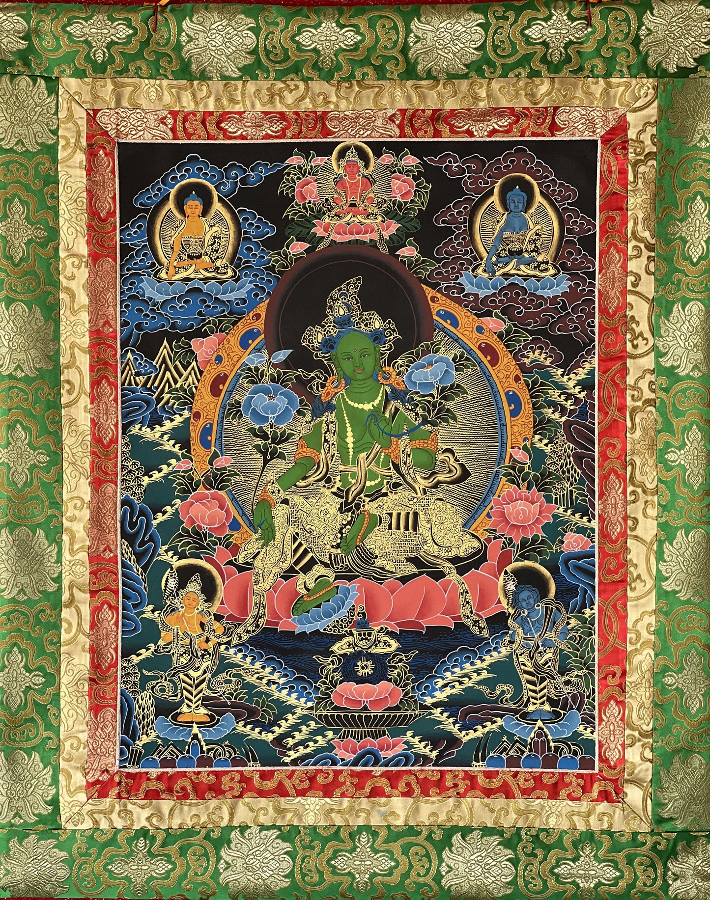 Hand Painted Green  Tara/ Shyamatara/Mother Goddess Master Quality Original Tibetan Thangka Painting with Narrow Border