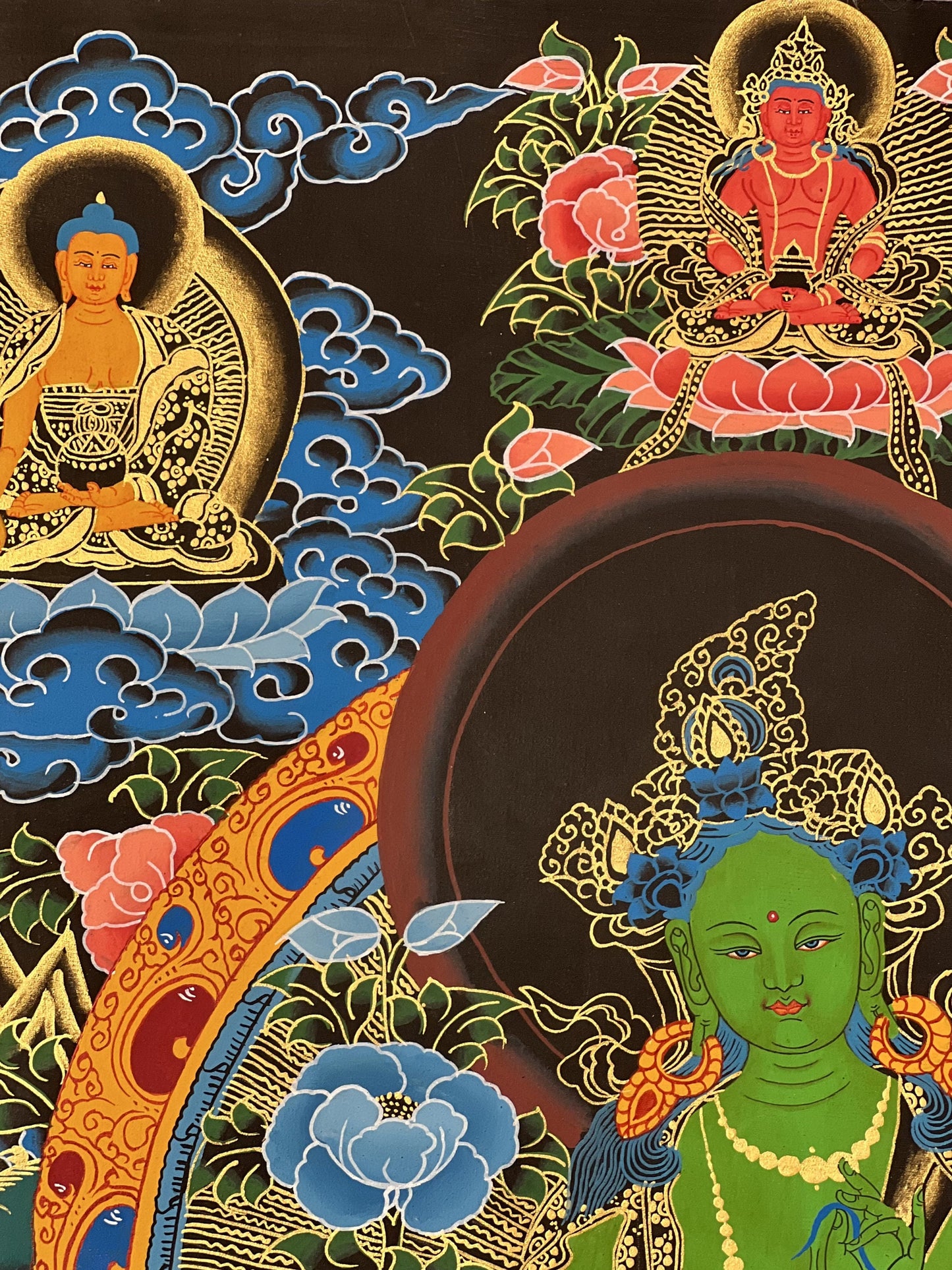 Hand Painted Green  Tara/ Shyamatara/Mother Goddess Master Quality Original Tibetan Thangka Painting with Narrow Border