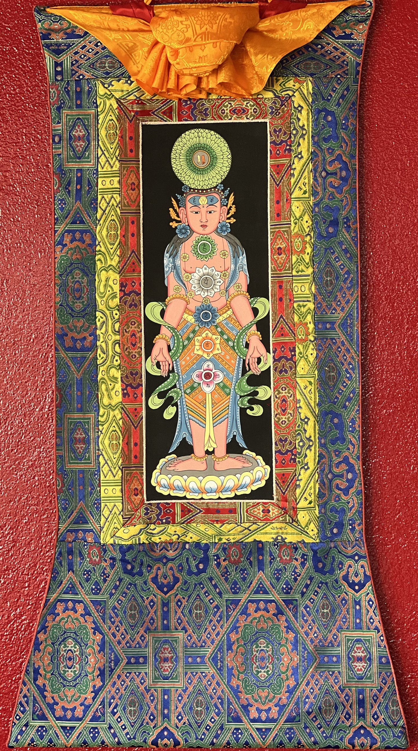 7 Yogic Chakras, Kundalini Energy, Kundalini Yoga, Thangka Painting, Original Art, Male Body with  Silk Premium Brocade