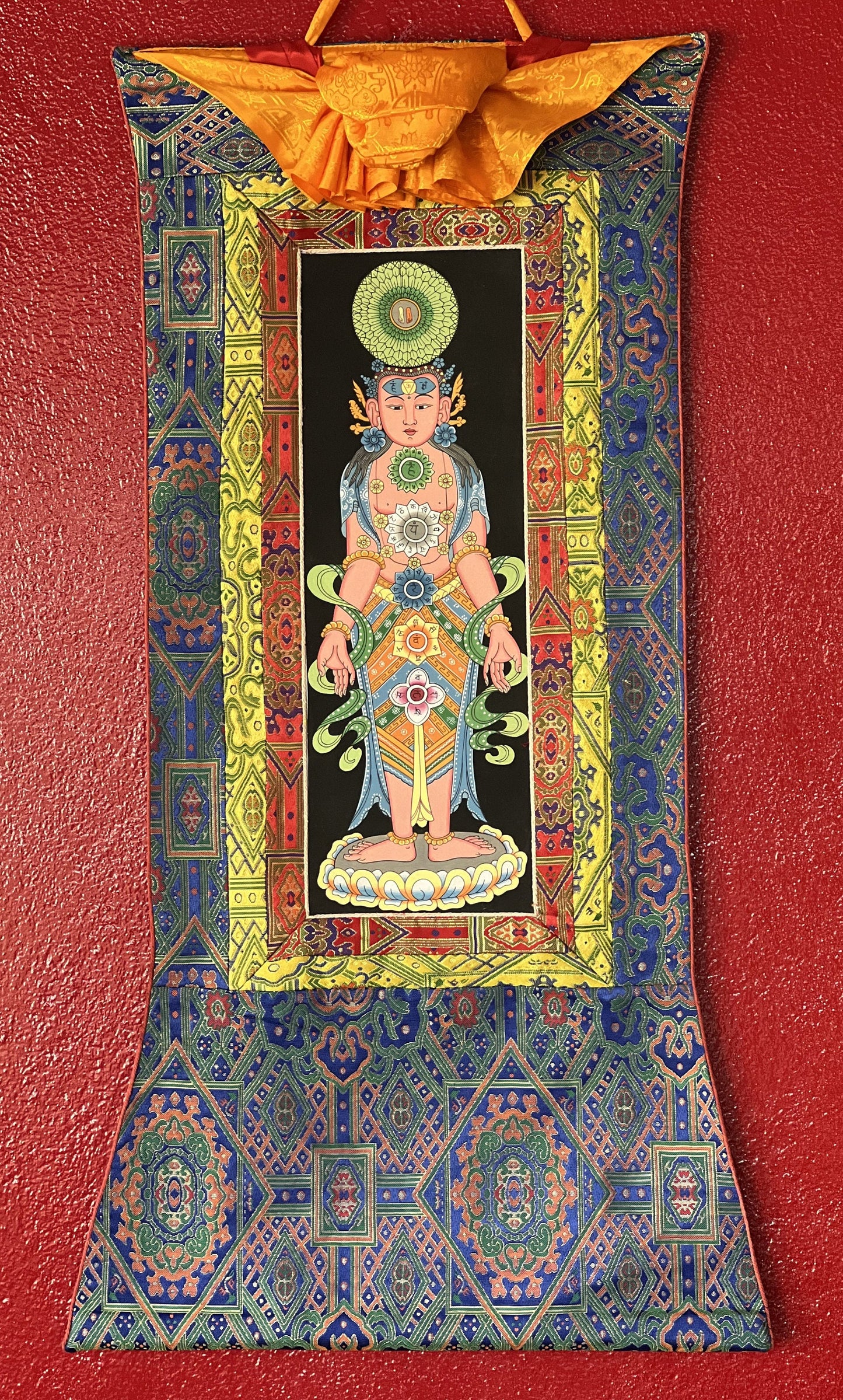 7 Yogic Chakras, Kundalini Energy, Kundalini Yoga, Thangka Painting, Original Art, Male Body with  Silk Premium Brocade