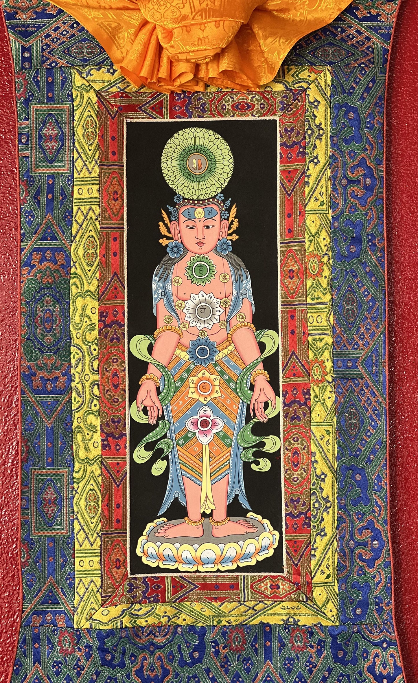 7 Yogic Chakras, Kundalini Energy, Kundalini Yoga, Thangka Painting, Original Art, Male Body with  Silk Premium Brocade