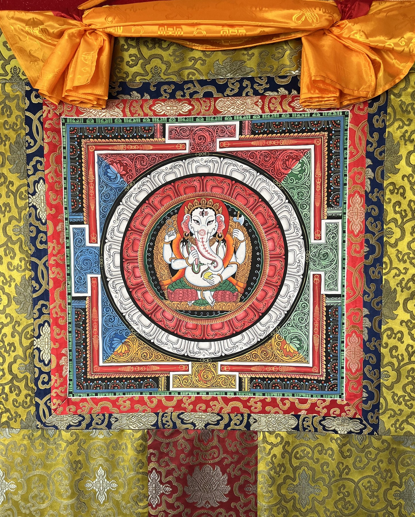 Lord Ganesha, Ganesh, Ganapati, Vinayaka in Sri Yantra, Thangka Painting, Original Art with Silk Brocade