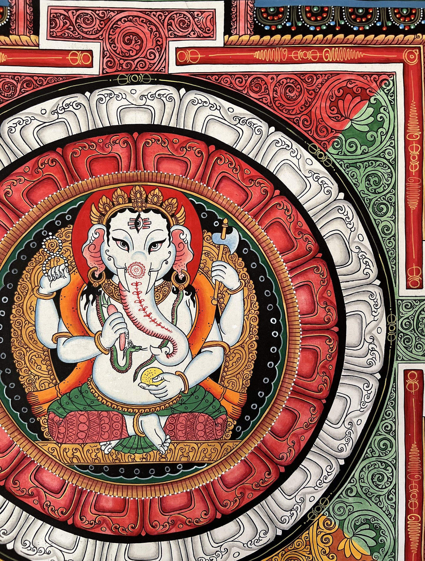 Lord Ganesha, Ganesh, Ganapati, Vinayaka in Sri Yantra, Thangka Painting, Original Art with Silk Brocade