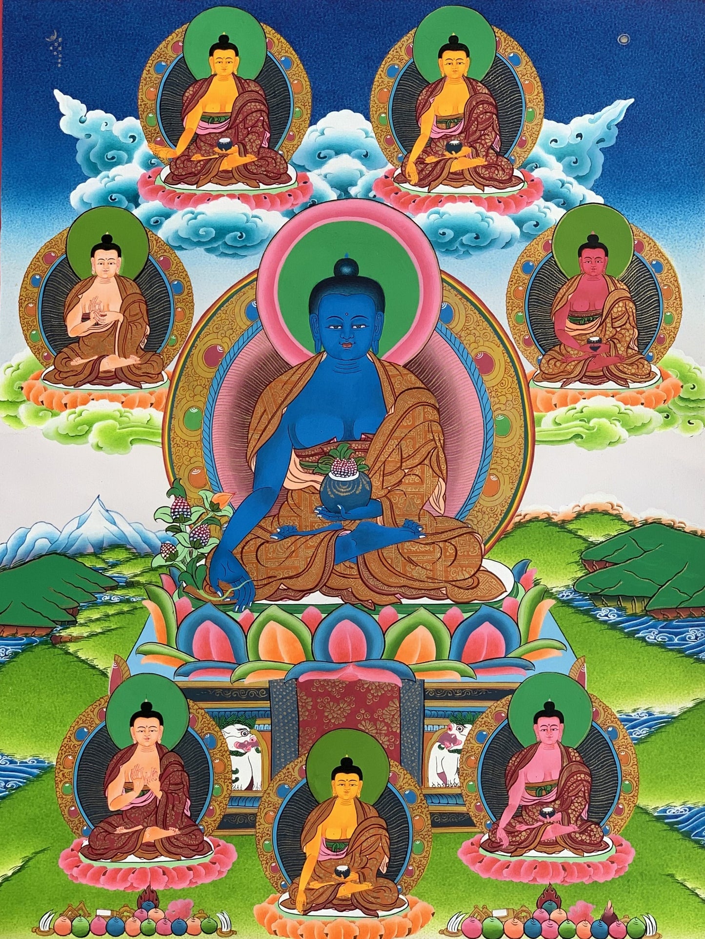 Original Hand Painted Masterpiece Eight Medicine Buddha/Eight Healing Buddha/Eight Buddha Brothers Tibetan Meditation Thangka  Painting