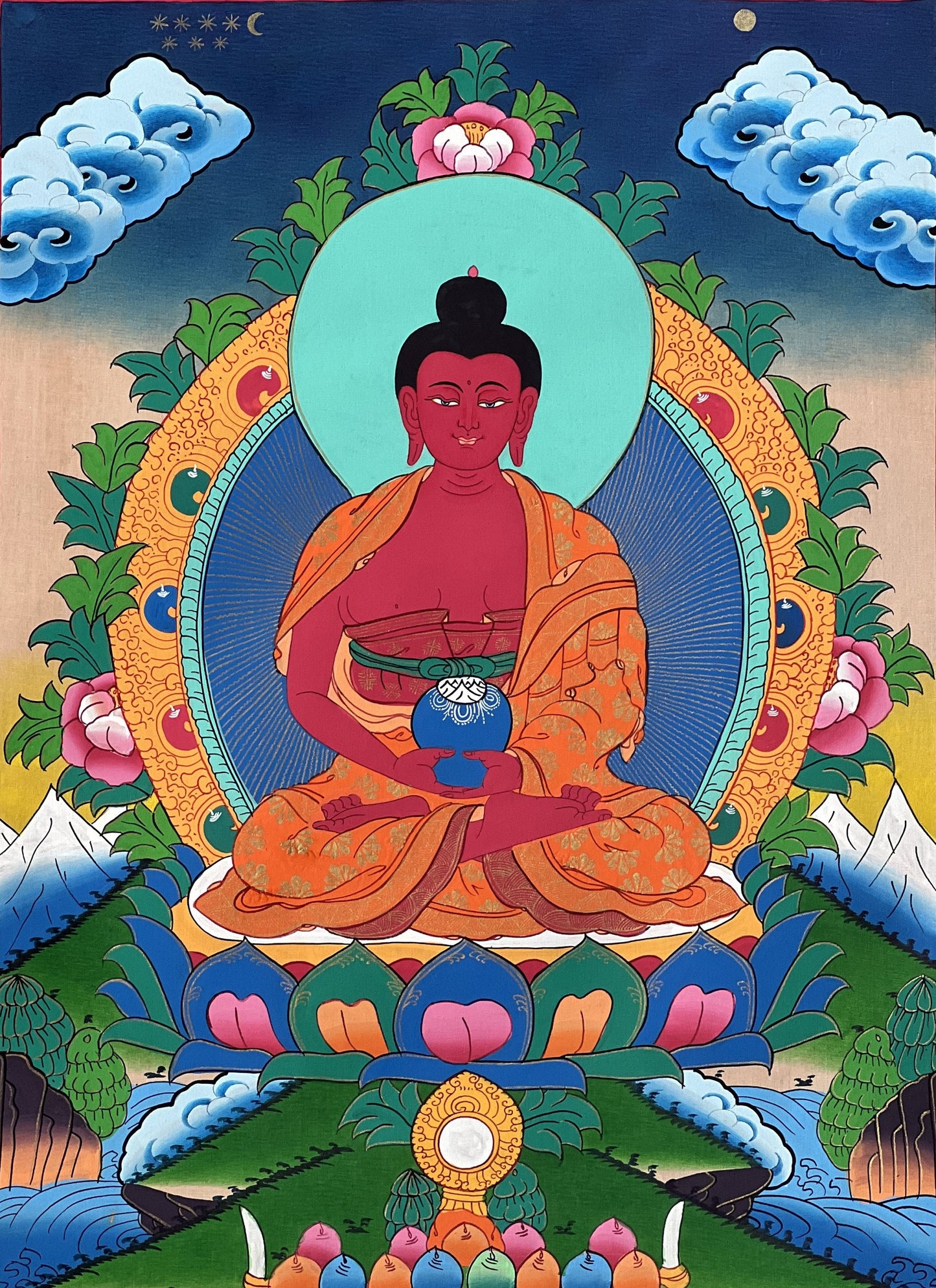 Original Hand Painted Amitabha Buddha/ Pure Land (Sukhavati) Tibetan Compassion Meditation Thangka Painting