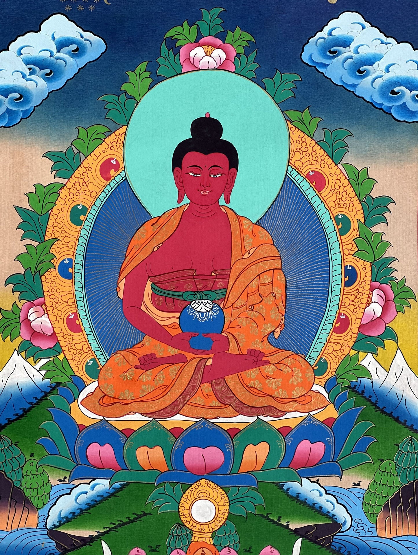 Original Hand Painted Amitabha Buddha/ Pure Land (Sukhavati) Tibetan Compassion Meditation Thangka Painting