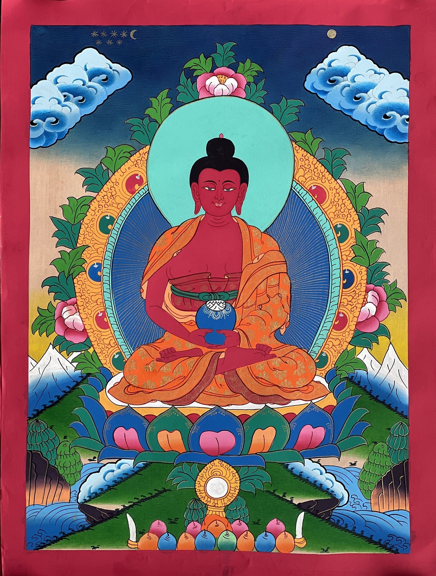 Original Hand Painted Amitabha Buddha/ Pure Land (Sukhavati) Tibetan Compassion Meditation Thangka Painting