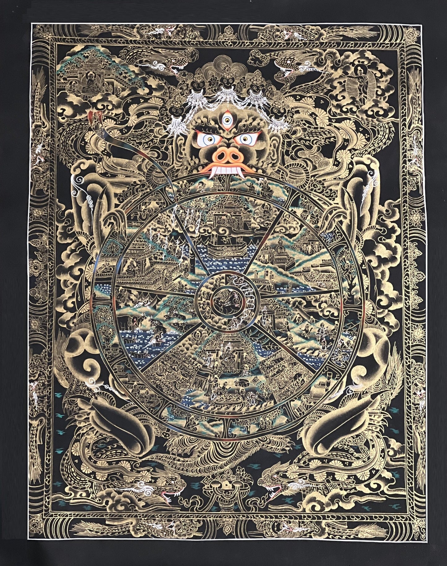 Hand Painted Wheel of Life/ Buddha Life/ Bhavacakra  Mandala Master Quality Black and Gold Original Tibetan Thangka Painting / Wall Hanging