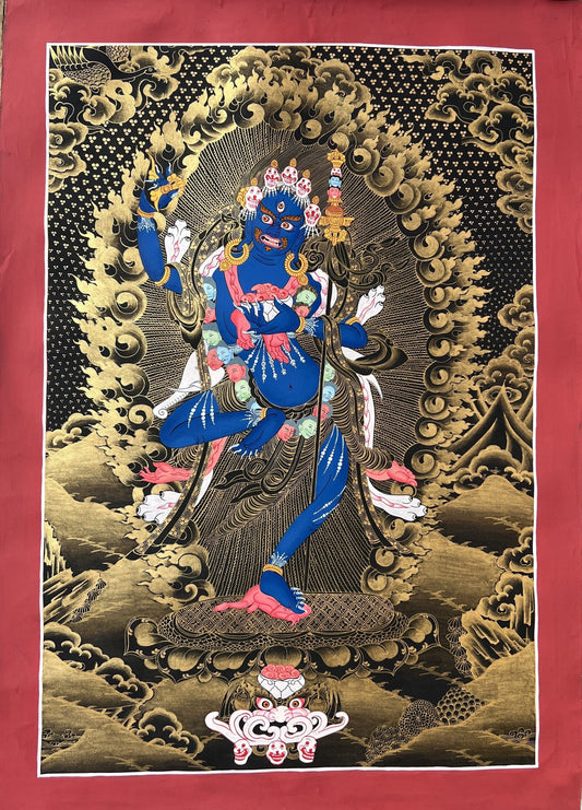 Lion Faced Dakini/ Simhamukhi/ Simhamukhi Yogini/ Female Buddha  Black and Gold Original Hand-painted Tibetan Thangka for Meditation