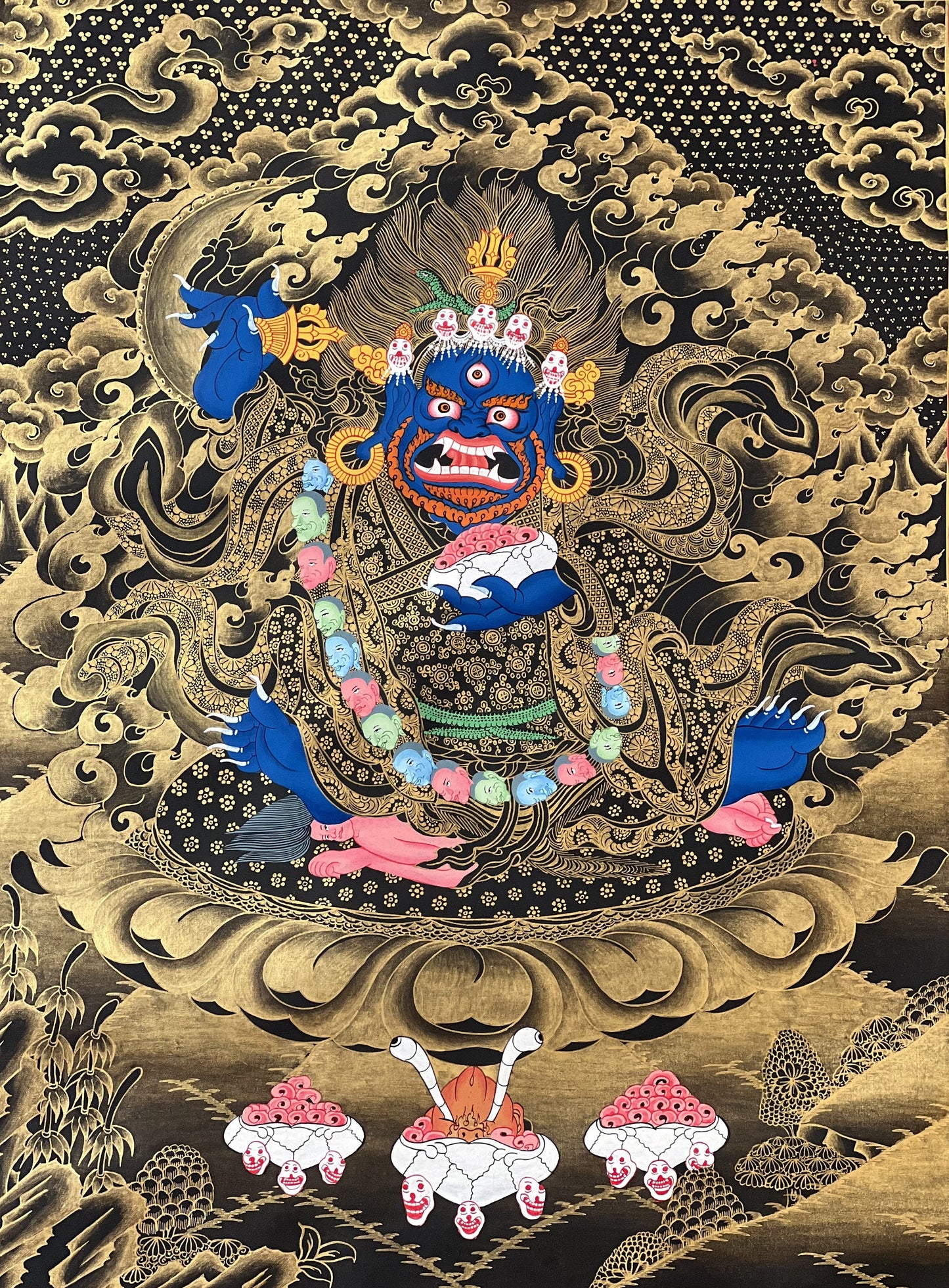 2-Armed  Semi Wrathful Mahakala/ Kalabhairava Master Quality Original Tibetan Thangka Painting/ Hand Painting/ Buddhist Art