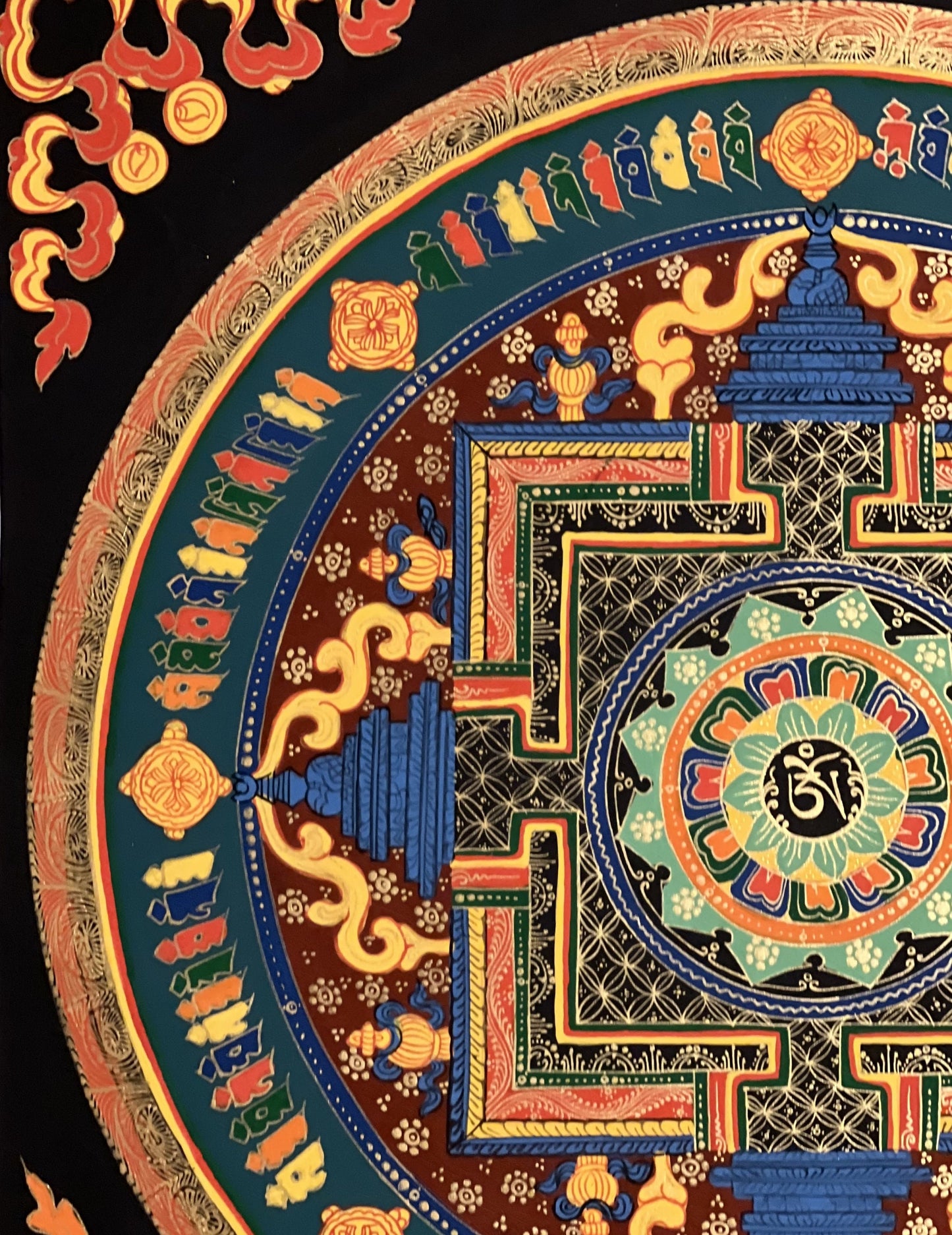 Hand Painted Lotus OM Mantra Mandala Wheel of Life Meditation Tibetan Thangka Painting Original Art/ Wall Hanging