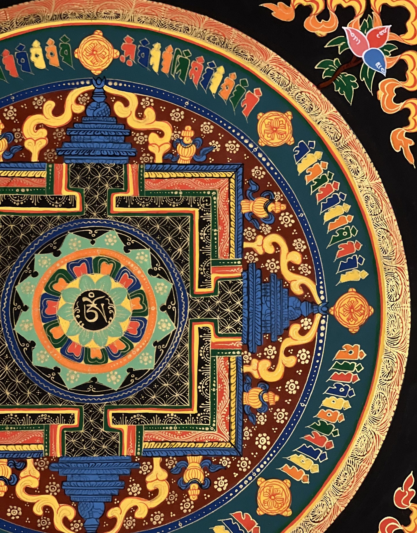 Hand Painted Lotus OM Mantra Mandala Wheel of Life Meditation Tibetan Thangka Painting Original Art/ Wall Hanging