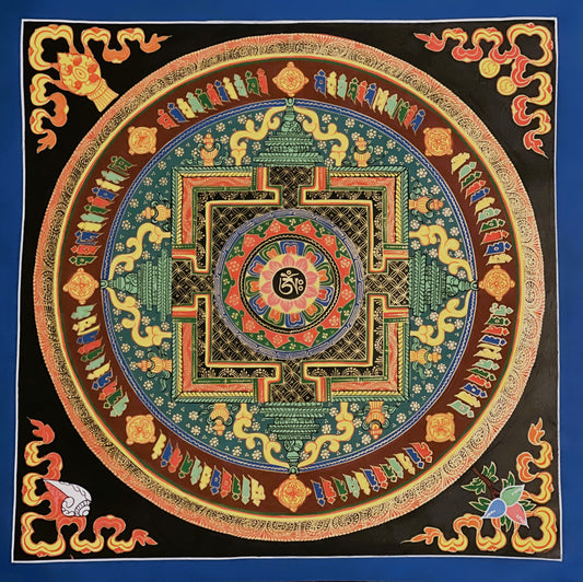 Hand Painted Lotus OM Mani Padme Hum Mantra Mandala Wheel of Life Meditation Tibetan Thangka Painting Original Art/ Wall Hanging