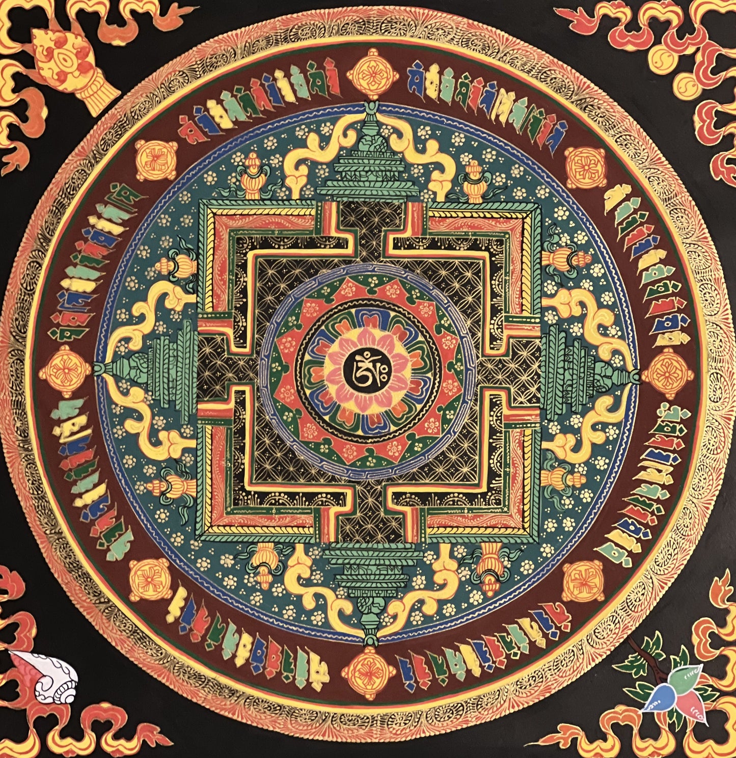 Hand Painted Lotus OM Mani Padme Hum Mantra Mandala Wheel of Life Meditation Tibetan Thangka Painting Original Art/ Wall Hanging