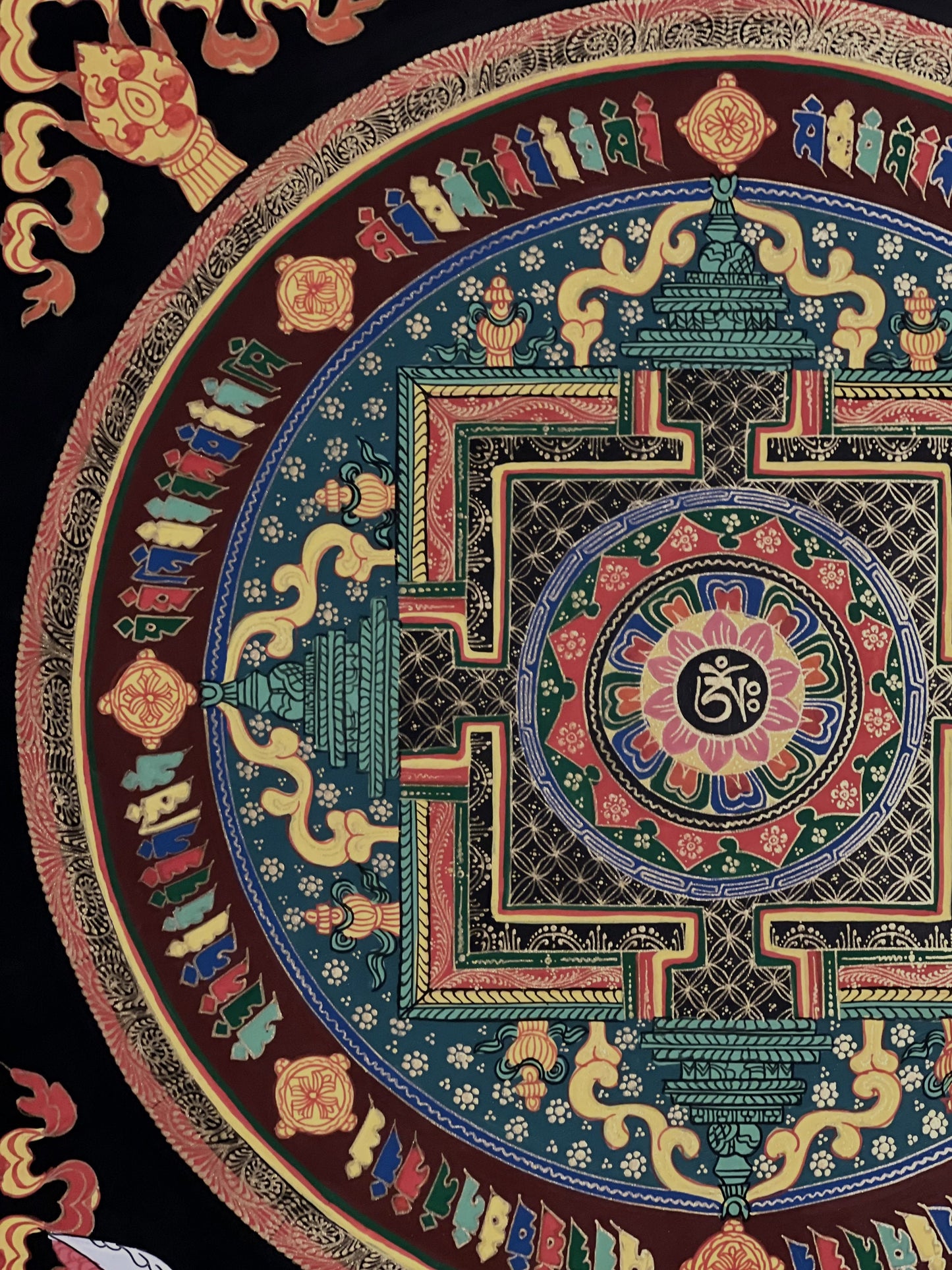 Hand Painted Lotus OM Mani Padme Hum Mantra Mandala Wheel of Life Meditation Tibetan Thangka Painting Original Art/ Wall Hanging