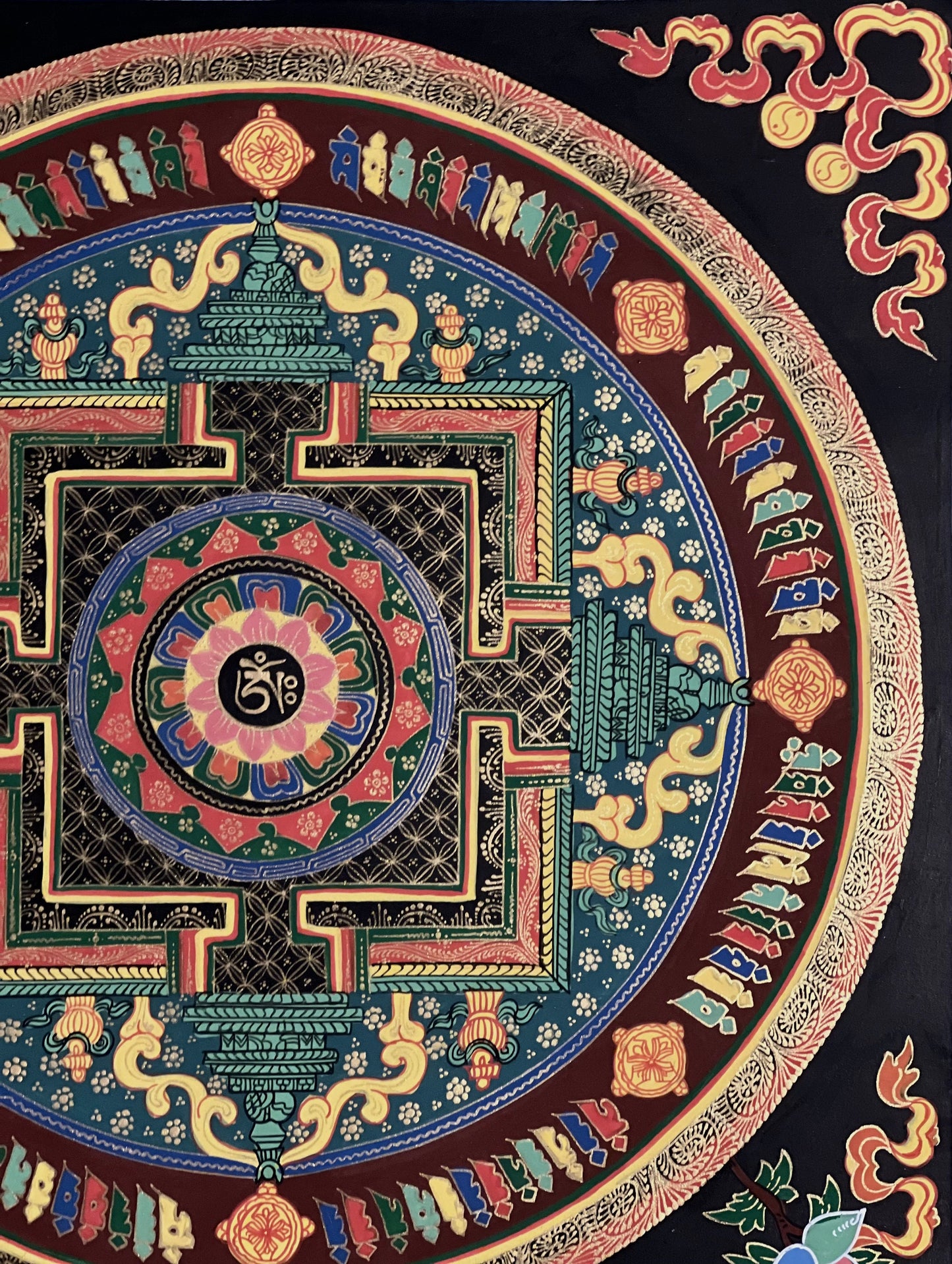 Hand Painted Lotus OM Mani Padme Hum Mantra Mandala Wheel of Life Meditation Tibetan Thangka Painting Original Art/ Wall Hanging