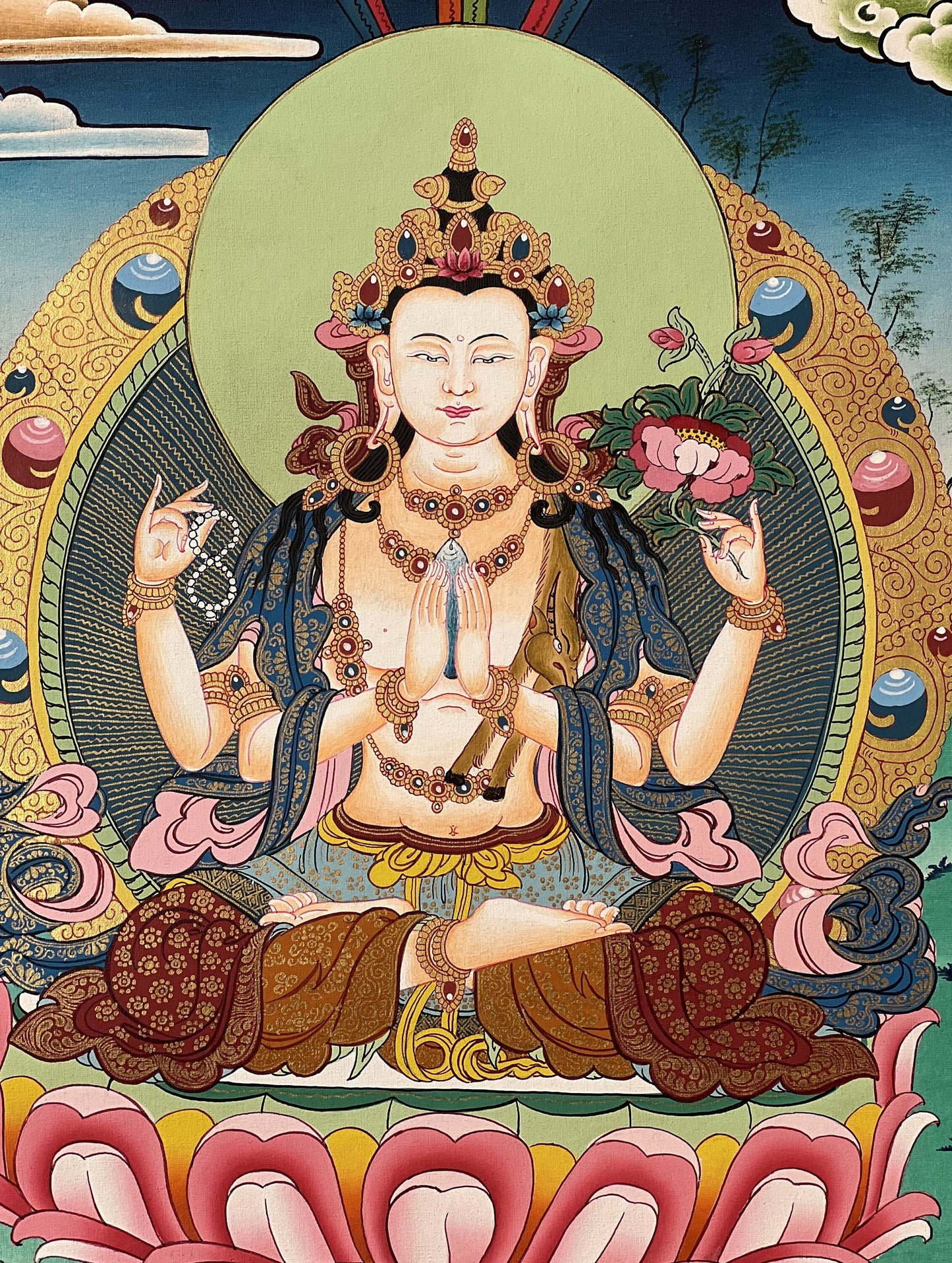 Avalokiteshvara/ Chyangresi/ Chenrezig, Master Quality Gold Tibetan Thangka Painting Original Buddhist Art/ Hand Painting