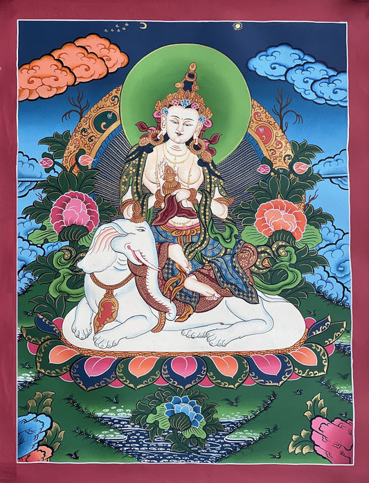 Kindness Buddha/ Bodhisattva PU Xian Sitting on Elephant Fine Quality Tibetan Thangka Painting Original Art/Hand Painting