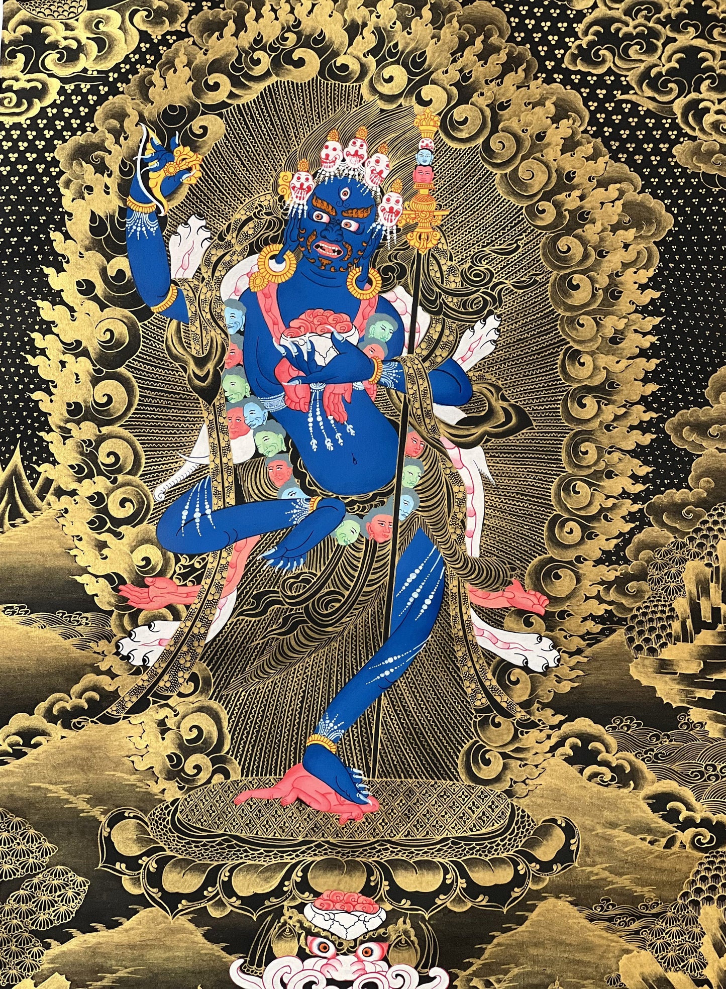 Lion Faced Dakini/ Simhamukhi/ Simhamukhi Yogini/ Female Buddha  Black and Gold Original Hand-painted Tibetan Thangka for Meditation