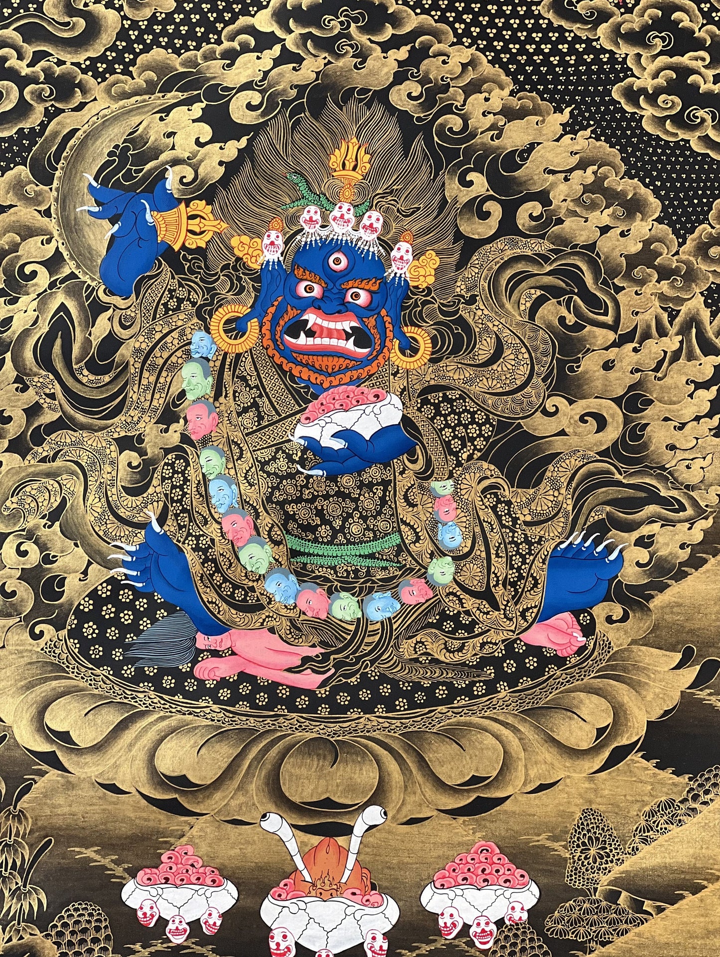 2-Armed  Semi Wrathful Mahakala/ Kalabhairava Master Quality Original Tibetan Thangka Painting/ Hand Painting/ Buddhist Art