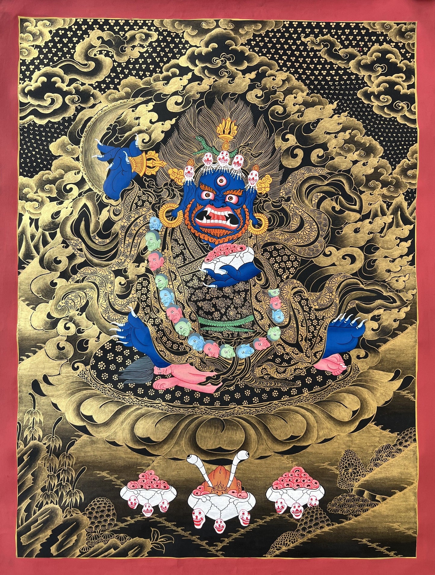 2-Armed  Semi Wrathful Mahakala/ Kalabhairava Master Quality Original Tibetan Thangka Painting/ Hand Painting/ Buddhist Art