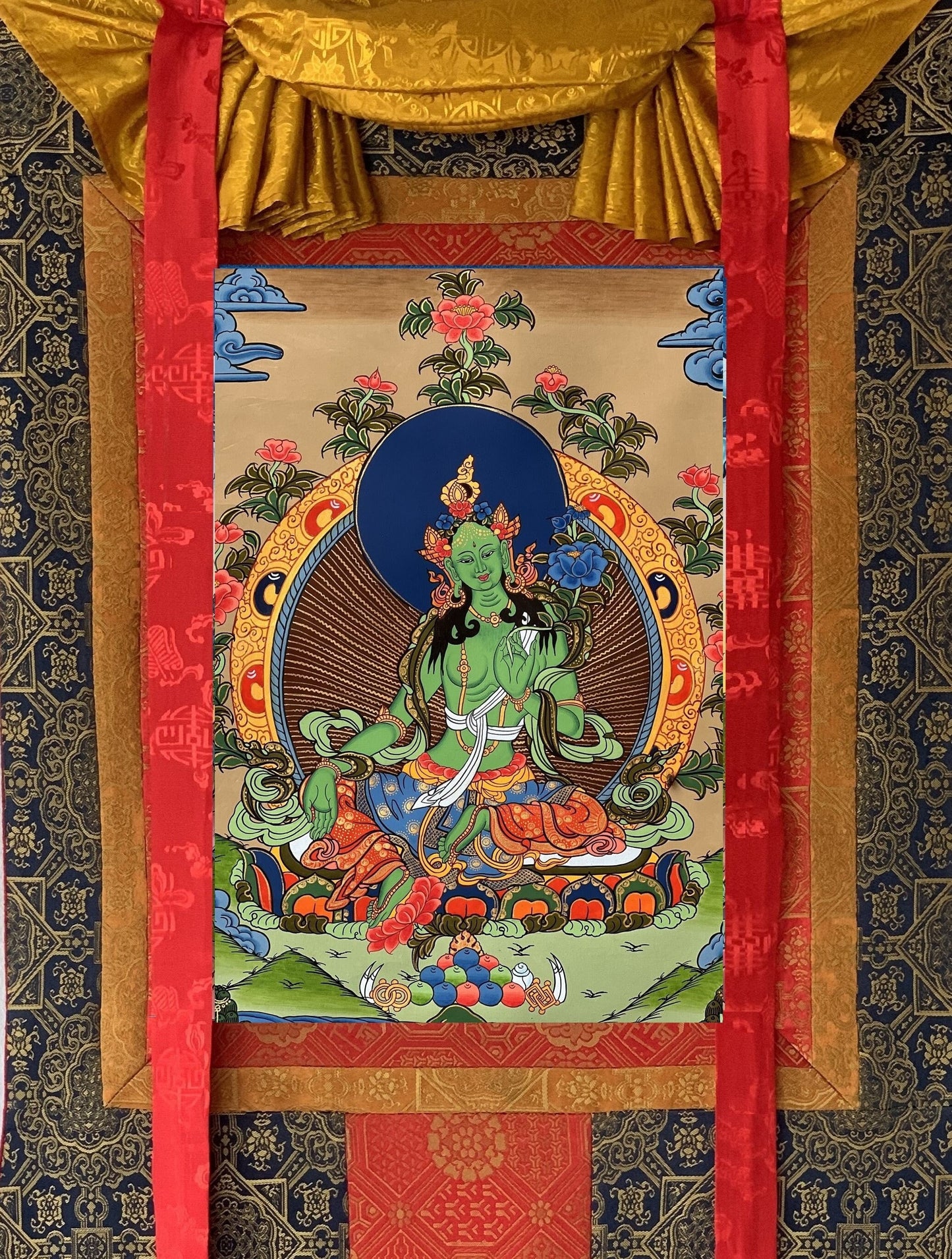 Green Tara/ Shyamatara Mother Goddess Tibetan Thangka Painting Original Hand Painted Meditation Healing Art with Premium Silk Brocade